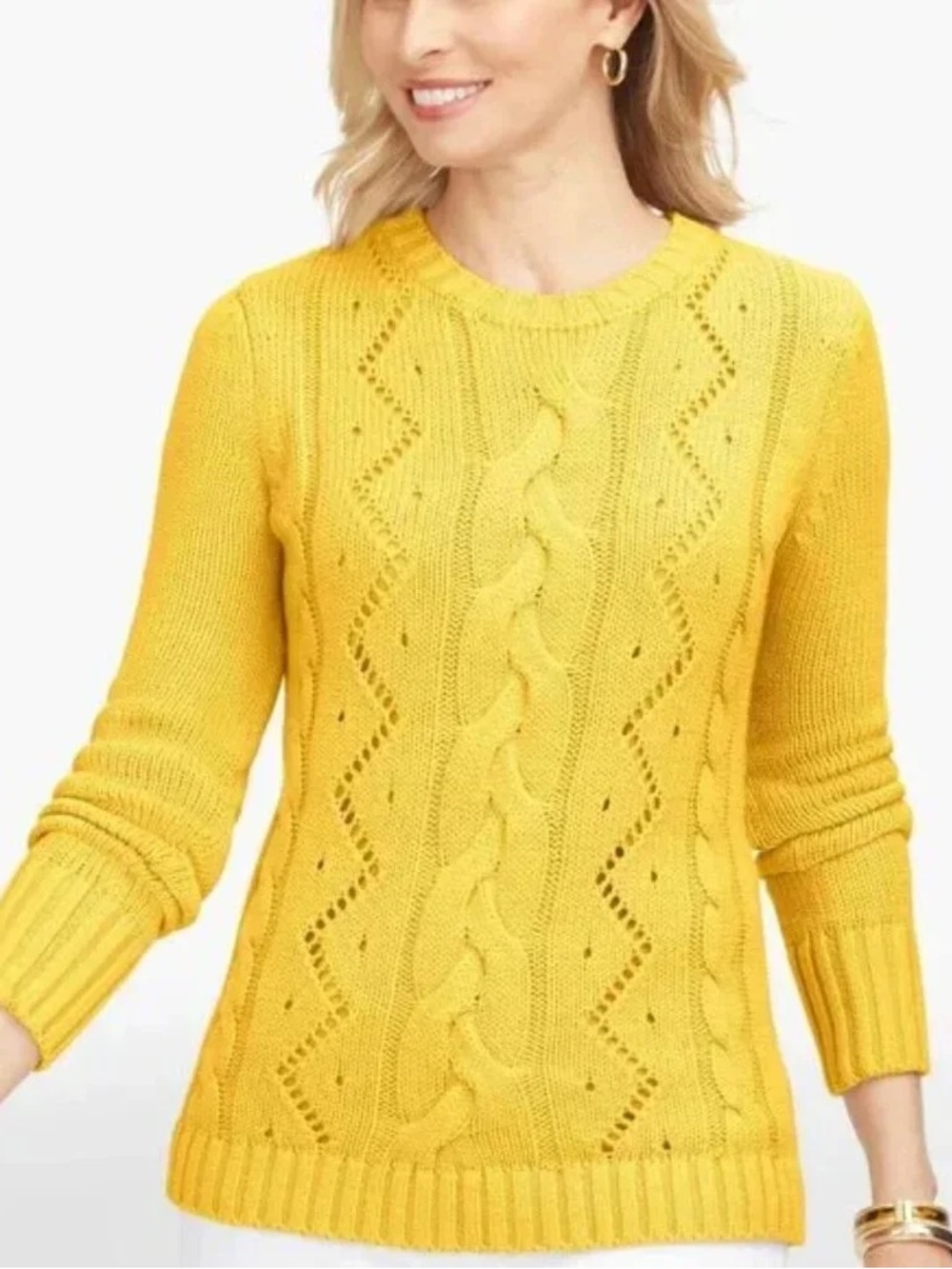 Talbots Bright Yellow Cable Knit Crewneck Sweater